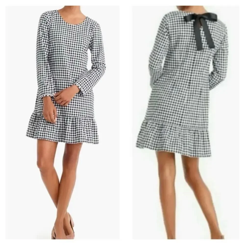 J. Crew Gingham Plaid Ruffle Dress XS Black White Tie Back Long Sleeve Twee